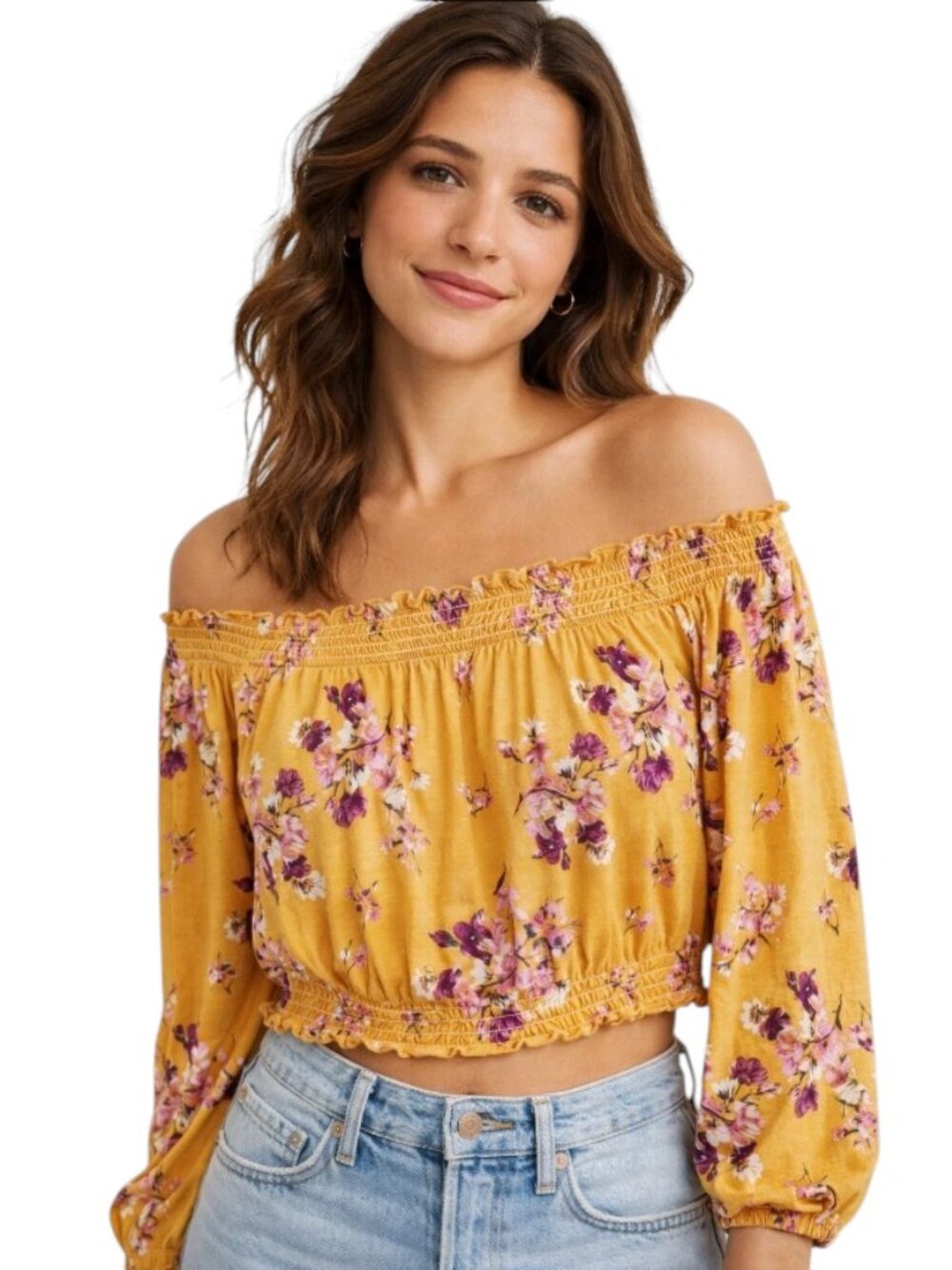 H&M Divided Yellow Floral Off Shoulder Smocked Crop Top Boho L